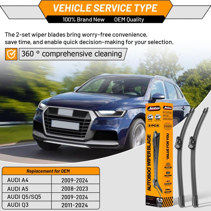 AUTOBOO OEM Wiper Blades Replacement for Audi A4 Q5 Q3 A5 RS5 S5 allroad 2009-2020 Original Equipment Replacement Windshield Wipers 24 inch / 20 inch -Original Factory Quality (Set of 2) Top Lock 16mm - Image 2